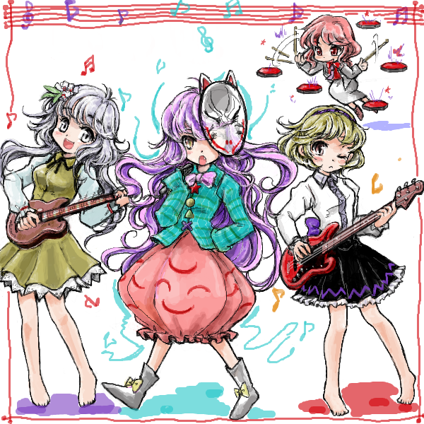 :&lt; alternate_hair_color arm_up band bare_legs barefoot beamed_sixteenth_notes blouse blush_stickers boots bow dress drum drum_set eighth_note electric_guitar fang flower flying fox_mask guitar hair_flower hair_ornament hand_on_hip hata_no_kokoro horikawa_raiko instrument juliet_sleeves lavender_hair light_brown_hair long_hair long_sleeves looking_at_viewer mask multiple_girls music musical_note nanashii_(soregasisan) one_eye_closed open_mouth plaid plaid_shirt playing_instrument puffy_sleeves red_eyes red_hair shirt short_hair silver_eyes silver_hair simple_background sixteenth_note skirt sleeves_past_wrists staff_(music) star touhou treble_clef tsukumo_benben tsukumo_yatsuhashi walking white_background x yellow_eyes
