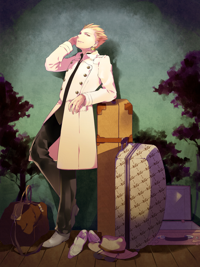 blonde_hair earrings fabulous fate/stay_night fate_(series) gilgamesh hair_slicked_back jewelry long_coat male_focus momoayamo red_eyes solo suitcase