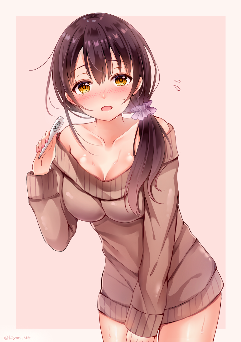 1girl bangs blush breasts brown_background brown_eyes brown_hair brown_sweater cleavage commentary_request eyebrows_visible_through_hair fever flying_sweatdrops hair_between_eyes hair_ornament hair_over_shoulder hair_scrunchie hand_up heavy_breathing holding leaning_forward long_hair looking_at_viewer low_ponytail medium_breasts nose_blush off-shoulder_sweater open_mouth original ponytail purple_scrunchie sakura_hiyori scrunchie solo sweat sweater thermometer two-tone_background