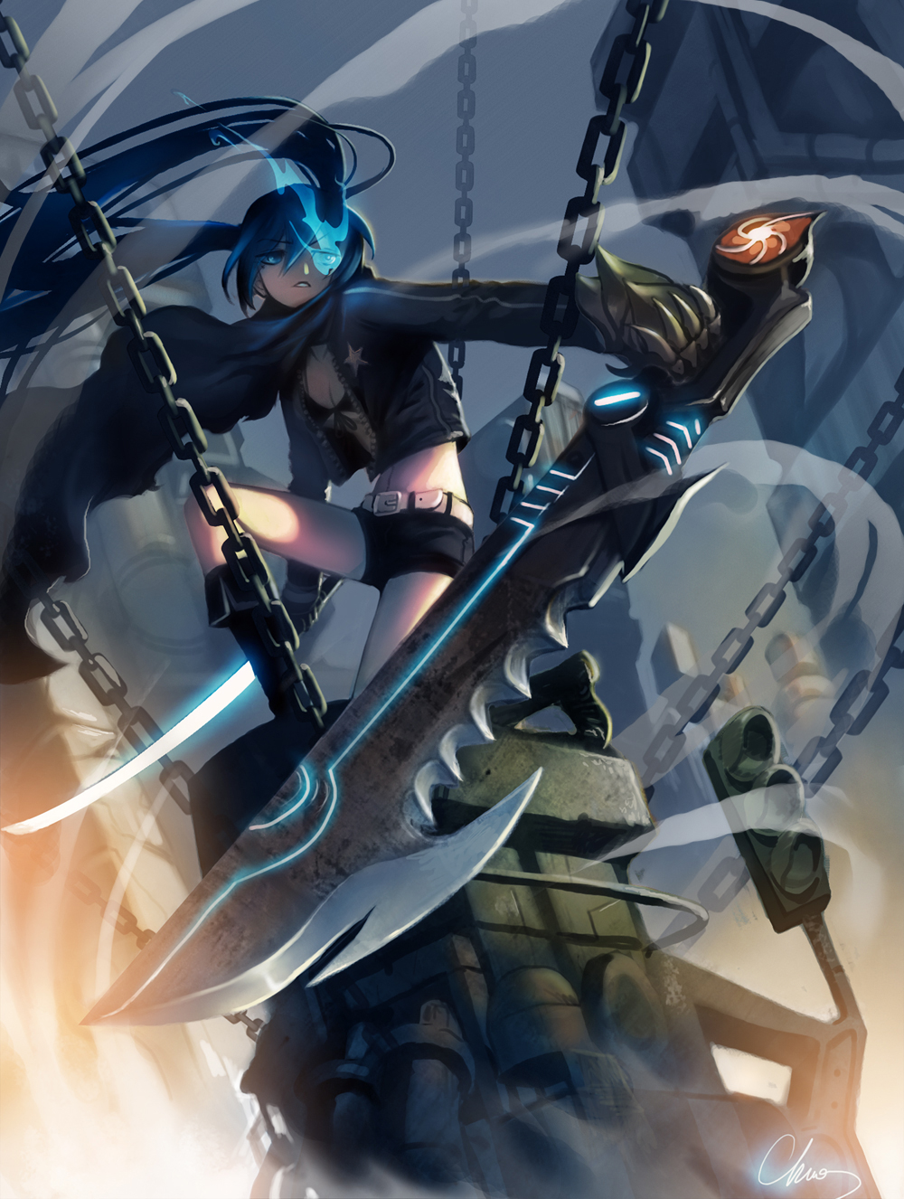 aiden(chi777666) black_rock_shooter black_rock_shooter_(character) blue_eyes boots burning_eye chain chimney from_below highres huge_weapon kneeling long_hair looking_at_viewer short_shorts shorts solo sword twintails visible_air weapon wind