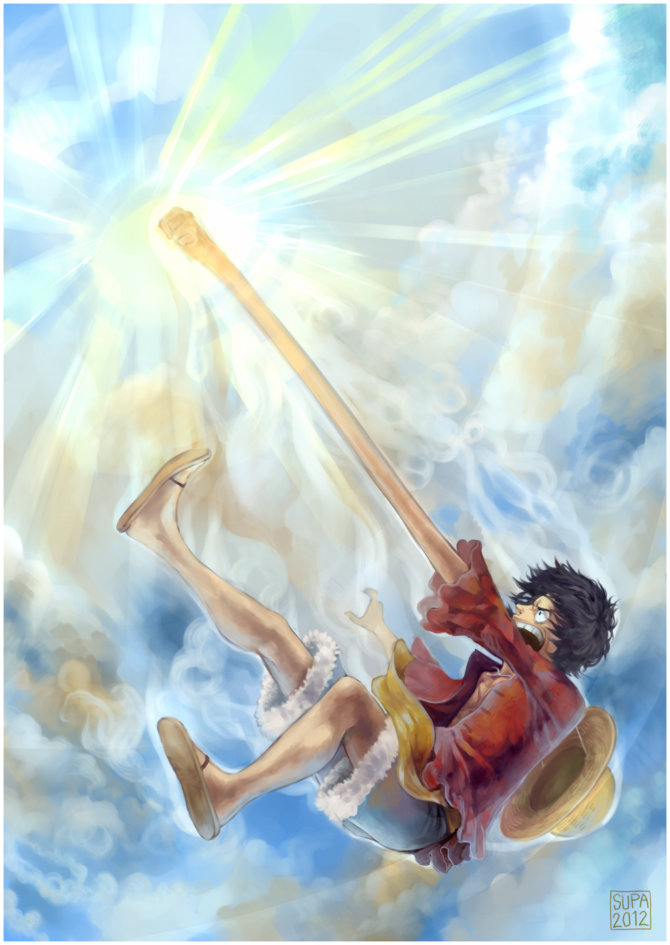 2012 battle black_hair hat highres lens_flare long_arms male_focus monkey_d_luffy one_piece open_clothes open_shirt sandals scar shirt signature solo steam straw_hat stretched_limb supario