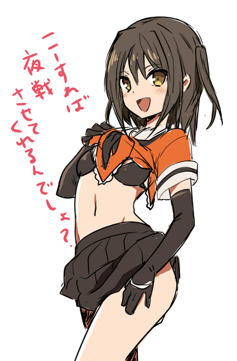 bangs black_bra black_gloves blush bra brown_hair elbow_gloves gloves ica kantai_collection looking_at_viewer navel sendai_(kantai_collection) shirt_lift simple_background sketch skirt smile solo translated two_side_up underwear white_background yellow_eyes