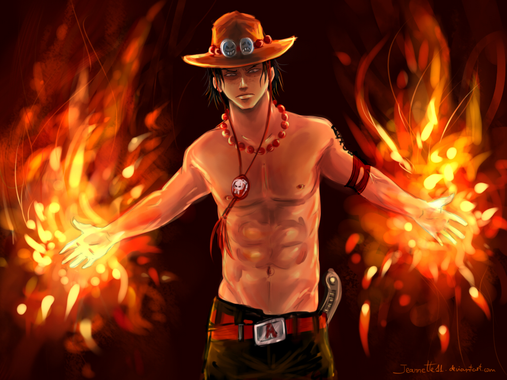 abs black_hair buckle elbow_pads fire freckles goggles goggles_on_headwear hat horns jeannette11 jewelry knife male_focus navel necklace one_piece portgas_d_ace shirtless skull solo tattoo watermark web_address