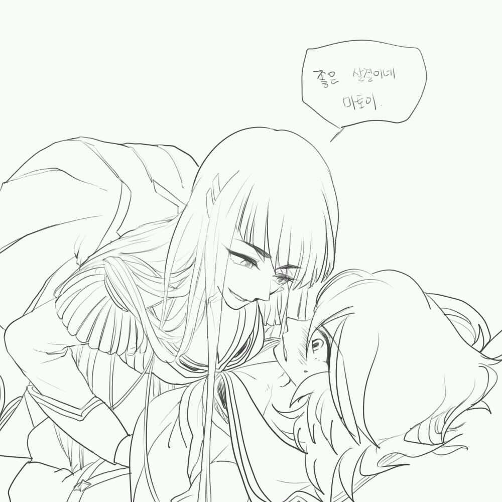 2girls blush junketsu kill_la_kill kiryuuin_satsuki korean long_hair matoi_ryuuko monochrome multiple_girls senketsu straddling translation_request yuri