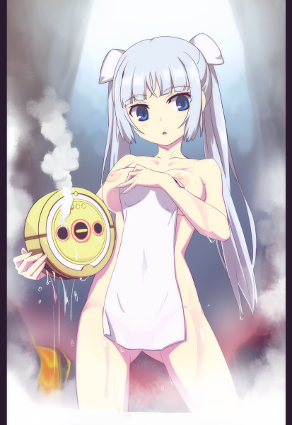 ass_visible_through_thighs blue_eyes blush breasts caryo collarbone covered_navel covering hair_ornament long_hair medium_breasts miss_monochrome miss_monochrome_(character) molten_rock nanashino nipples nude open_mouth pillarboxed roomba ruu-chan silver_hair steam towel twintails wet