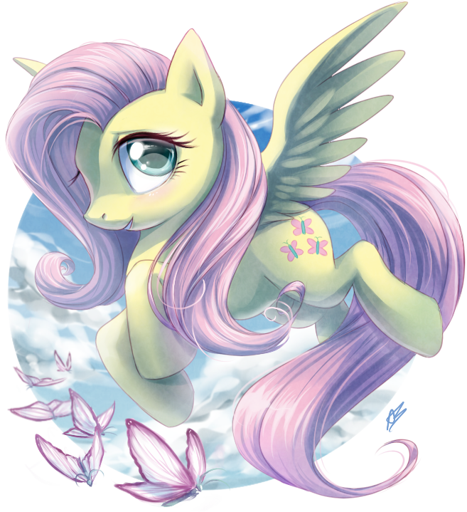 butterfly cutie_mark draggincat equine feathers female feral fluttershy_(mlp) flying friendship_is_magic hair horse insect long_hair mammal my_little_pony pegasus pony signature smile solo wings