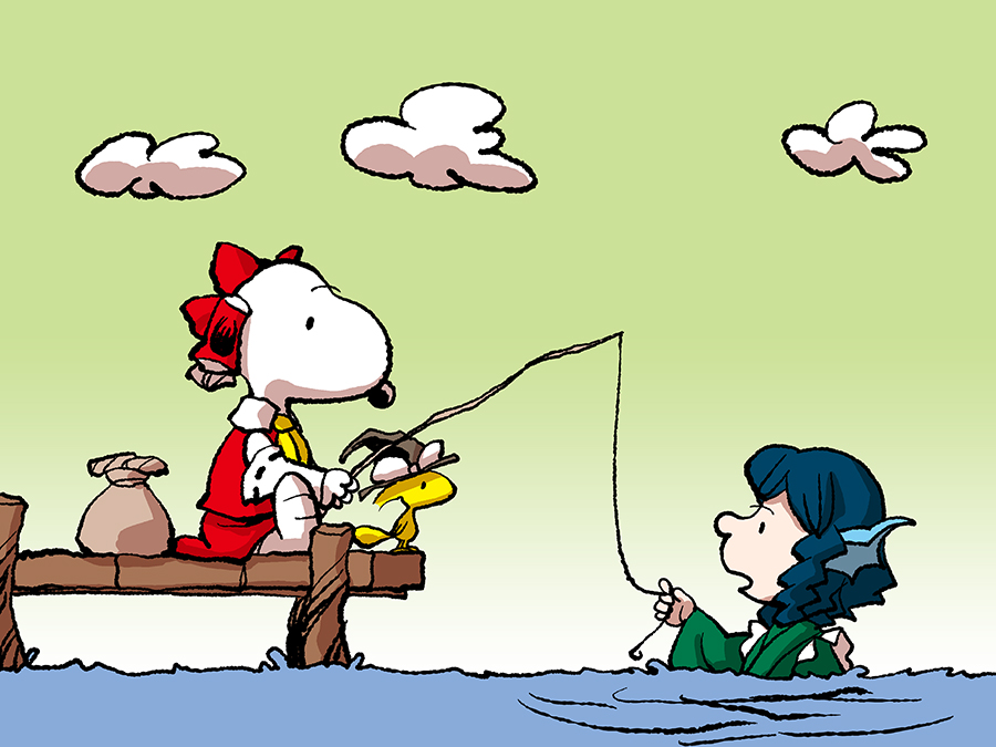 bird blue_eyes blue_hair bow chamupei charles_schulz_(style) cloud commentary cosplay fishing fishing_rod hair_bow hair_tubes hakurei_reimu hakurei_reimu_(cosplay) hat head_fins kirisame_marisa kirisame_marisa_(cosplay) mermaid monster_girl partially_submerged peanuts snoopy touhou wakasagihime water witch_hat woodstock