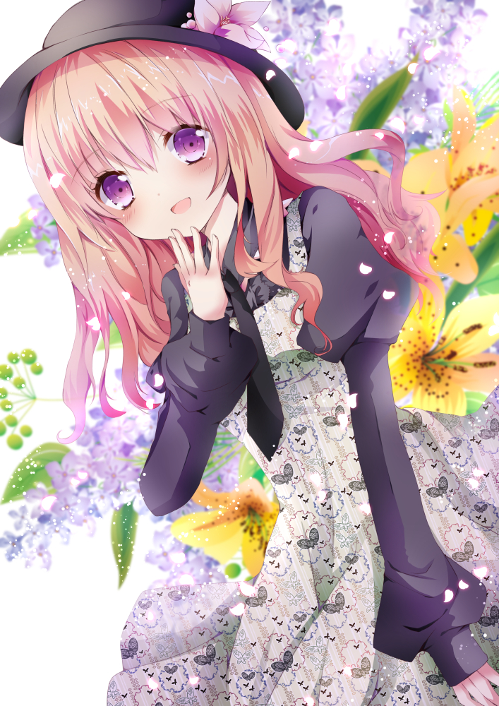 :d animal_print bad_id bad_pixiv_id butterfly_print dress flower hand_on_own_face hat hat_flower juliet_sleeves long_hair long_sleeves looking_at_viewer nanase_nao necktie open_mouth original petals pink_hair puffy_sleeves purple_eyes shirt smile solo white_dress