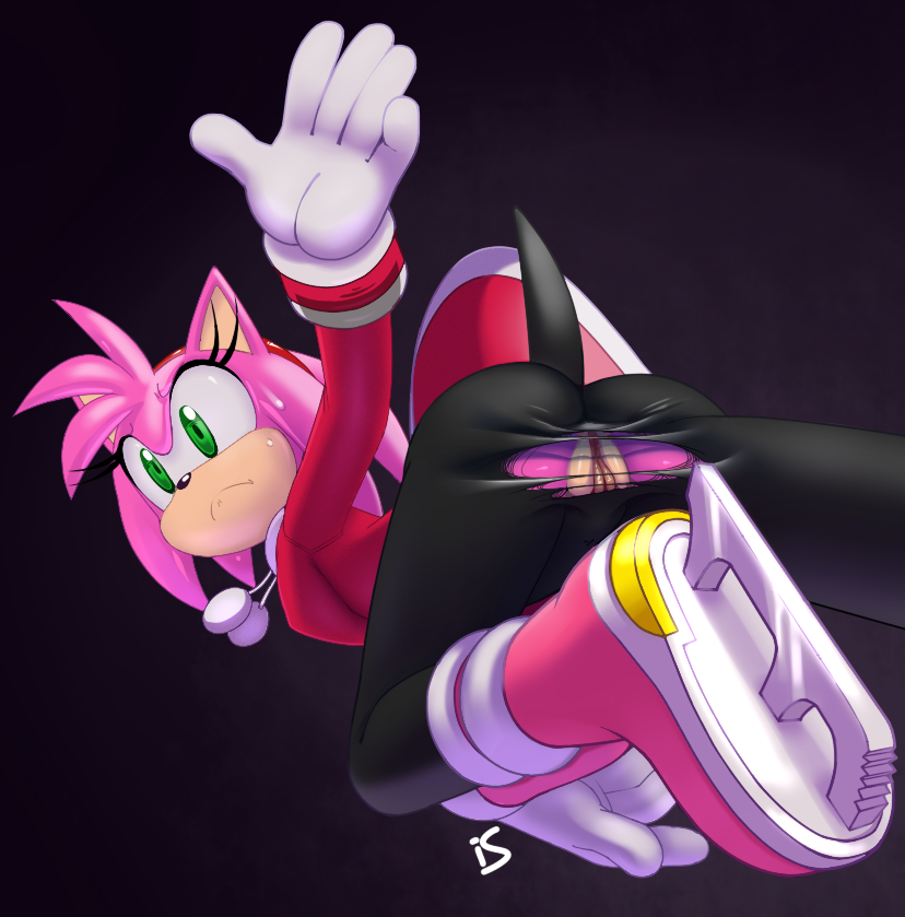 amy_rose anthro butt clothing female frown green_eyes hair hedgehog is_(artist) mammal pink_hair pussy sega solo sonic_(series) sweat torn_clothing wardrobe_malfunction