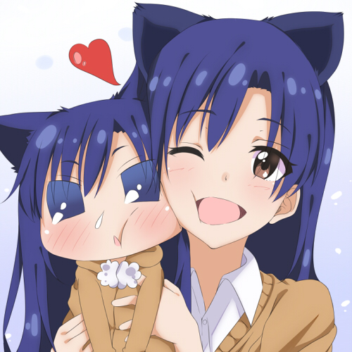 animal_ears blue_eyes blue_hair blush brown_eyes cat_ears cheek-to-cheek chibi chihyaa heart hitotsuki_nanoka idolmaster idolmaster_(classic) kisaragi_chihaya long_hair lowres one_eye_closed open_mouth puchimasu! smile solo