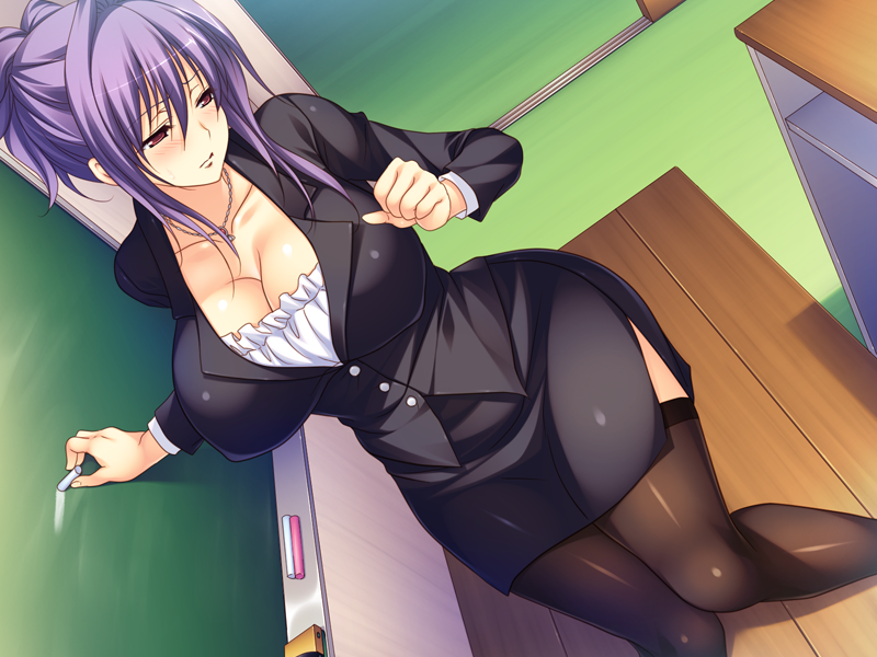 1girl breasts chalk chalkboard chitsunai_no_ibutsu classroom cleavage collar curvy dutch_angle embarrassed female formal game_cg highres huge_breasts legs looking_down necklace office_lady purple_hair red_eyes shindou_mikeko shiny shiny_clothes short_hair skirt solo standing suit table teacher thighhighs thighs writing