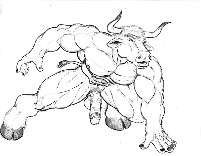 anthro balls biceps big big_muscles big_penis bovine cattle crouching fur hair half-erect hooves horn male mammal muscles nipples nude open_mouth pecs penis plain_background pose presenting pubes sketch solo sudonym thick_penis vein