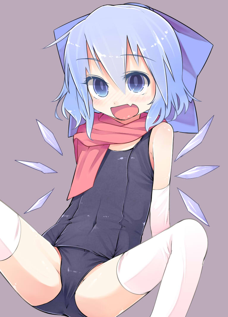 bare_shoulders blue_eyes blue_hair blush bow cirno covered_navel elbow_gloves fang gloves hair_bow looking_at_viewer one-piece_swimsuit open_mouth scarf school_swimsuit shamo_(koumakantv) short_hair smile solo spread_legs swimsuit thighhighs touhou white_legwear wings