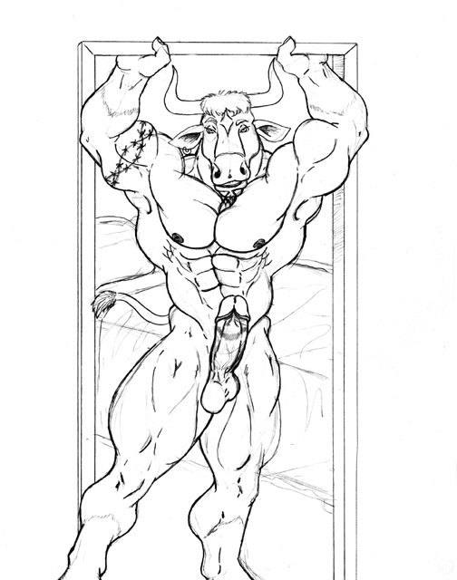 anthro balls bed biceps big big_muscles big_penis bovine cattle erection fur hair horn humanoid_penis inviting looking_at_viewer male mammal muscles nipples nude pecs penis pose presenting sketch solo standing sudonym tattoo thick_penis vein