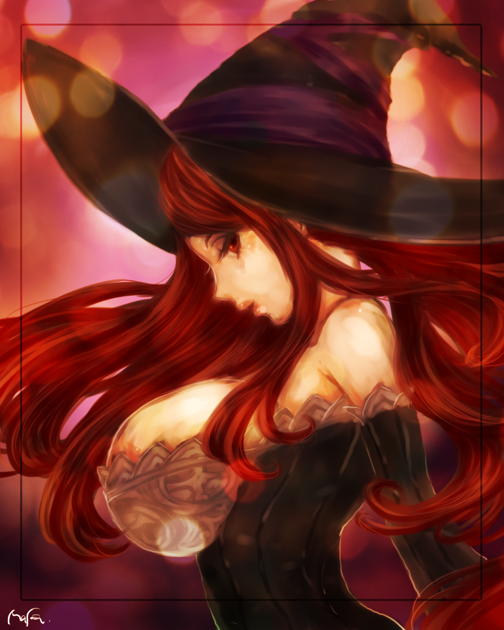 arched_back bare_shoulders blurry bokeh border breasts corset depth_of_field detached_sleeves dragon's_crown hat highres lace_trim large_breasts lips long_hair masamune_(eight5050) profile red_eyes red_hair sideboob sideways_glance solo sorceress_(dragon's_crown) upper_body very_long_hair witch_hat