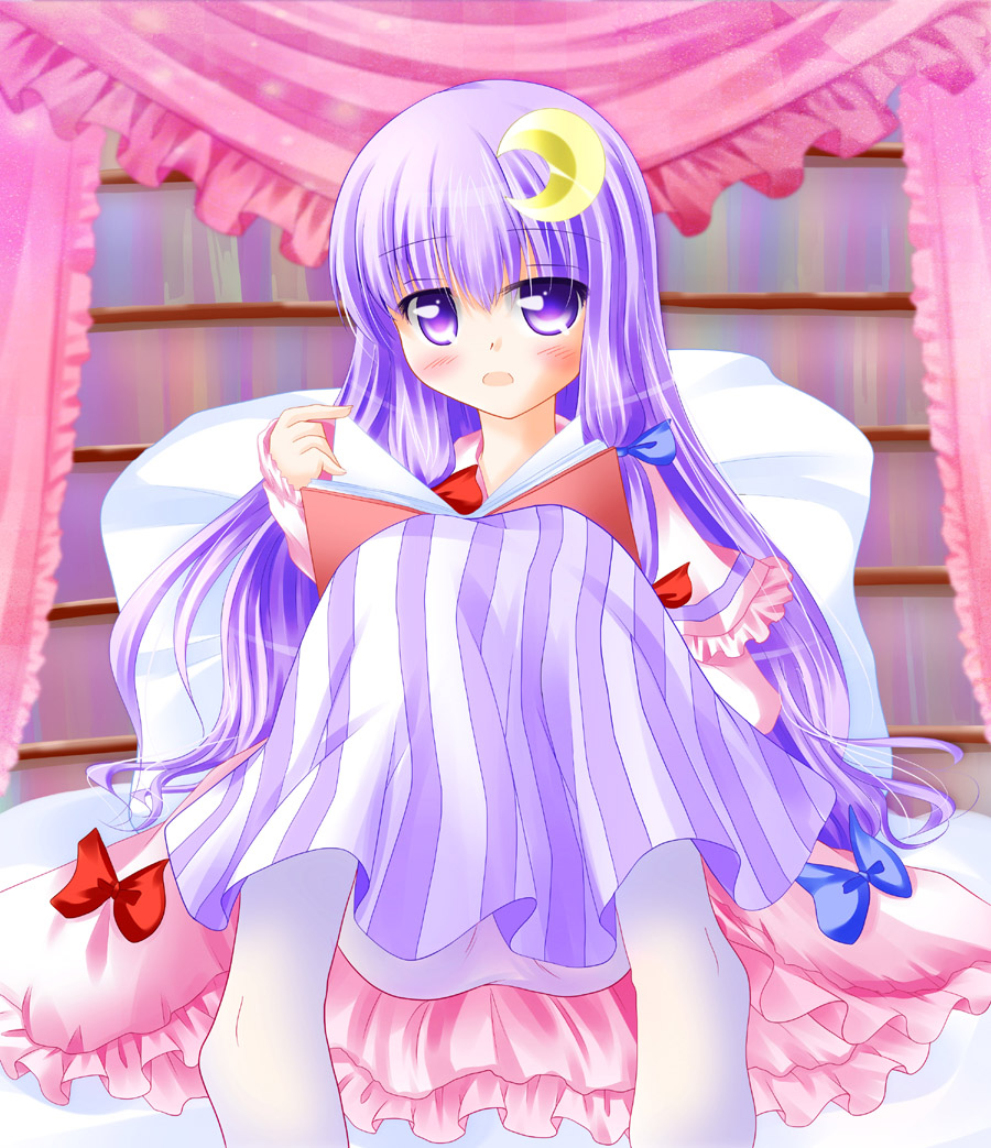 bed blush book crescent crescent_hair_ornament hair_ornament hair_ribbon long_hair patchouli_knowledge purple_eyes purple_hair ribbon solo touhou very_long_hair white_water