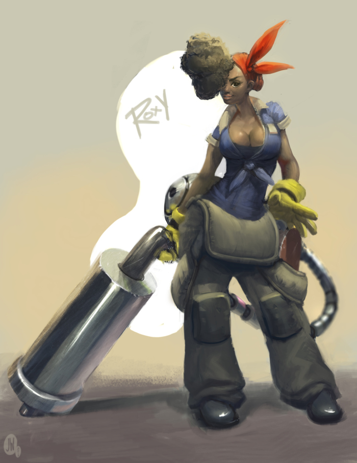 bandana breasts brown_hair cleavage contrapposto curly_hair dark_skin front-tie_top gloves gun hair_over_one_eye huge_weapon justin_wong large_breasts lips overalls roxie_(skullgirls) skullgirls sleeves_rolled_up solo standing very_dark_skin weapon