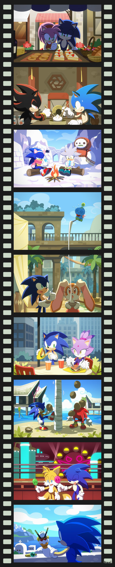 amy_rose animal blaze_the_cat blue_sky building canine cat chao chao_(sonic) cheese_(sonic) cheese_the_chao chip chip_(sonic) city coconut cream_(sonic) cream_the_rabbit creature duo eating echidna feline film_border food fox hamburger hedgehog highres ice_cream knuckles_the_echidna lagomorph long_image looking_up mammal miles_prower no_humans outdoors pillarboxed rabbit ruins sega shadow_the_hedgehog silver_the_hedgehog sky sonic sonic_(series) sonic_the_hedgehog sonic_unleashed spikes tall_image