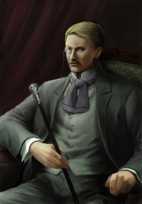 blonde_hair blue_eyes cane chair facial_hair formal holding male_focus monocle mustache solo tokiwa_(breeze_of_film) victorian_romance_emma wilhelm_molders