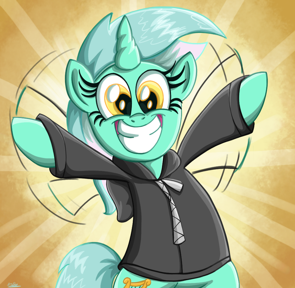 clothing cutie_mark danielsplatter equine female feral friendship_is_magic fur green_fur hair hoodie horn horse long_hair looking_at_viewer lyra_(mlp) lyra_heartstrings_(mlp) mammal my_little_pony open_mouth pony smile solo standing teeth two_tone_hair unicorn waving yellow_eyes