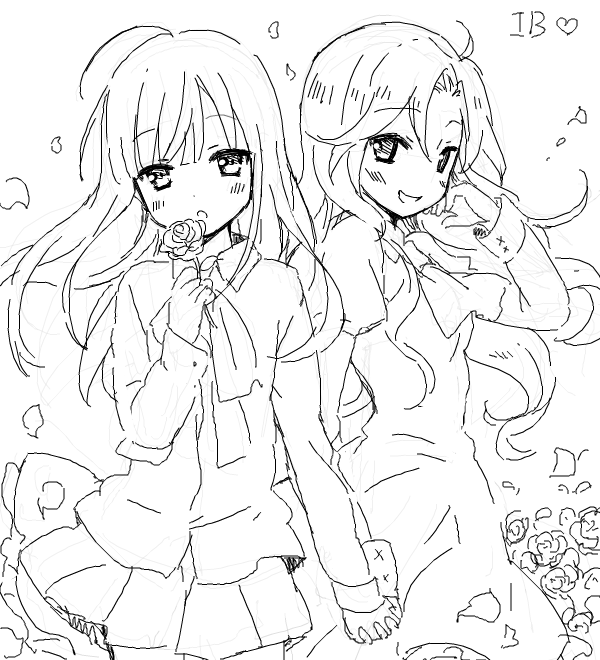 blush chiyingzai drawr flower greyscale holding holding_flower holding_hands ib ib_(ib) long_hair looking_at_viewer mary_(ib) monochrome multiple_girls oekaki open_mouth petals pose rose smile wind