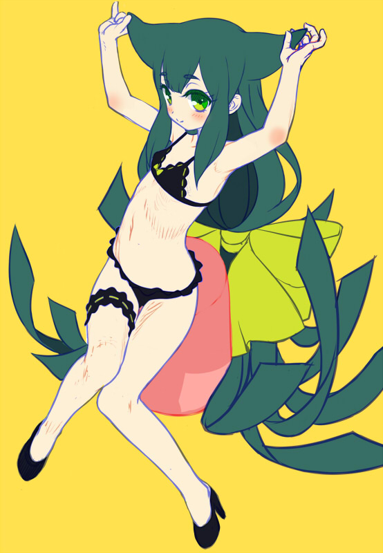 aoi_kumiko armpits arms_up bare_shoulders bikini black_bikini blush bow frilled_bikini frills gatchaman_crowds green_eyes green_hair hair_bow high_heels leg_garter long_hair looking_at_viewer navel no_socks simple_background solo swimsuit utsutsu very_long_hair