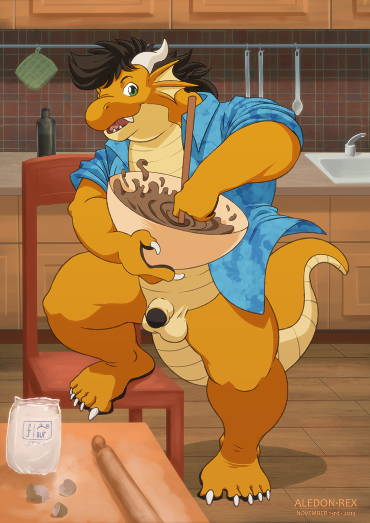 5_toes aledonrex anthro balls biceps big_muscles bottomless bowl chubby clothing cooking digitigrade dragon flaccid flour inside kitchen looking_at_viewer male muscles open_shirt orange_dragon penis scalie shirt sink solo thick_tail toes