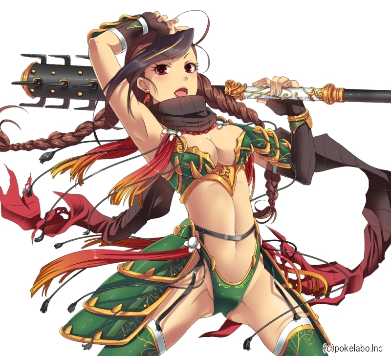 arm_up armor armpits boots braid breasts brown_hair cleavage detached_sleeves hiiro_(kikokico) large_breasts long_hair midriff navel red_eyes sangoku_infinity scarf solo thigh_boots thighhighs twin_braids very_long_hair weapon