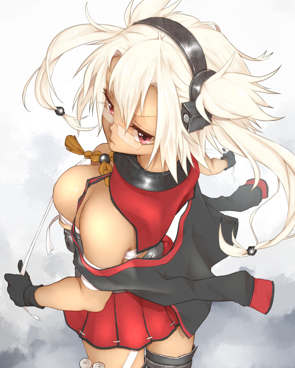 bad_id bad_pixiv_id black_gloves breasts cape dark_skin from_above from_behind glasses gloves headgear highres kantai_collection large_breasts looking_back miniskirt mono_(sisyamo1210) musashi_(kantai_collection) pleated_skirt pointy_hair red_eyes sarashi short_hair skirt solo thighhighs two_side_up white_hair zettai_ryouiki