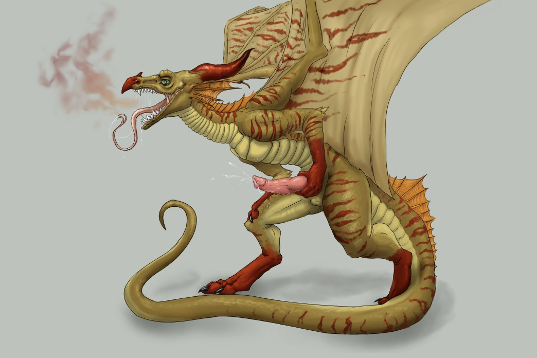 anthro claws cum digitigrade dragon erection green_eyes horn invalid_tag knot long_tongue looking_at_viewer male masturbation nude open_mouth orgasm penis plain_background scalie smile smoke solo standing teeth tongue tongue_out wings