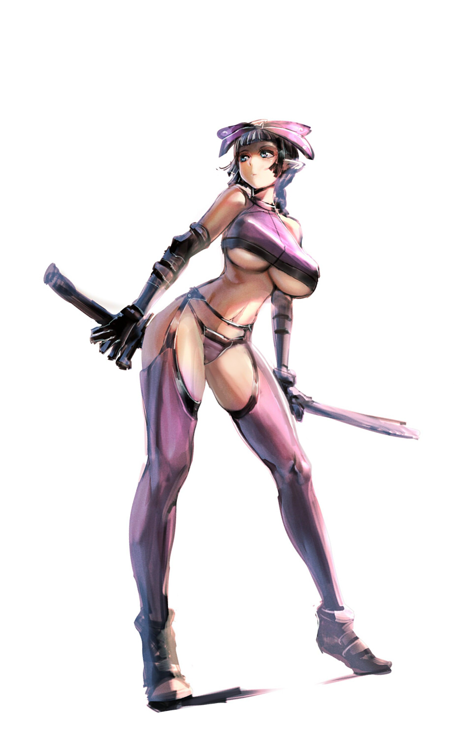 bandeau black_hair blue_eyes boots bow bow_(bhp) breasts hair_bow highres katana large_breasts long_hair navel original pink_footwear simple_background solo strapless sword underboob weapon white_background