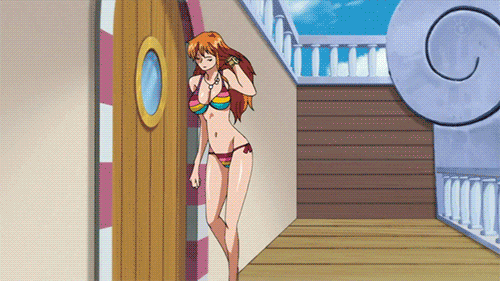 1girl animated animated_gif bikini breasts brown_eyes cleavage curvy female jewelry large_breasts long_hair lowres mound_of_venus nami nami_(one_piece) necklace one_piece one_piece_film_z orange_hair shiny shiny_skin solo swimsuit thigh_gap walking