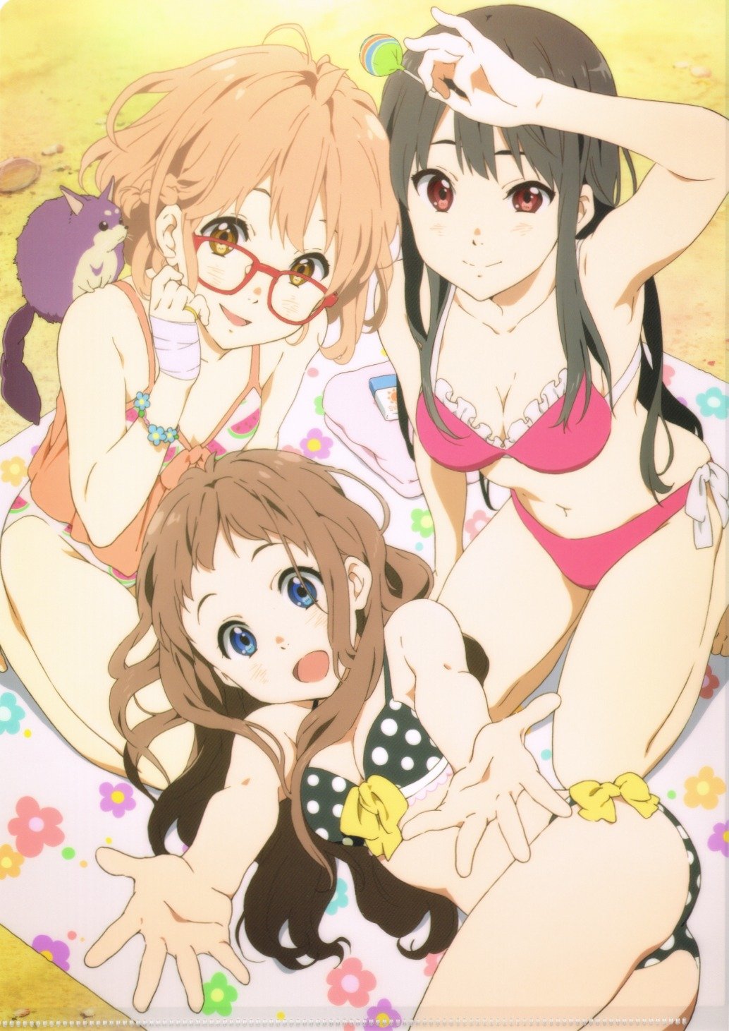 :d arm_up bandages bare_shoulders beach bikini black_hair blue_eyes blush_stickers bow braid breasts brown_hair candy cleavage creature floral_print flower food frills fruit glasses highres holding jewelry kneeling kuriyama_mirai kyoukai_no_kanata lollipop long_hair looking_at_viewer lying medium_breasts multiple_girls nase_mitsuki navel non-web_source official_art open_mouth orange_eyes outstretched_arms pink_hair polka_dot polka_dot_bikini polka_dot_swimsuit red-framed_eyewear red_eyes ring scan shindou_ai short_hair single_braid small_breasts smile swimsuit uneven_eyes watermelon yakiimo_(kyoukai_no_kanata)