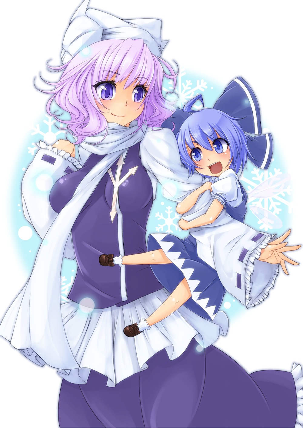 2girls ahoge arm_grab blue_dress blue_eyes blue_hair bow child cirno dress hair_bow hat highres ice ice_wings letty_whiterock long_sleeves multiple_girls open_mouth pink_hair puffy_sleeves scarf shirt short_sleeves size_difference skirt skirt_set smile touhou vest white_scarf wide_sleeves wings