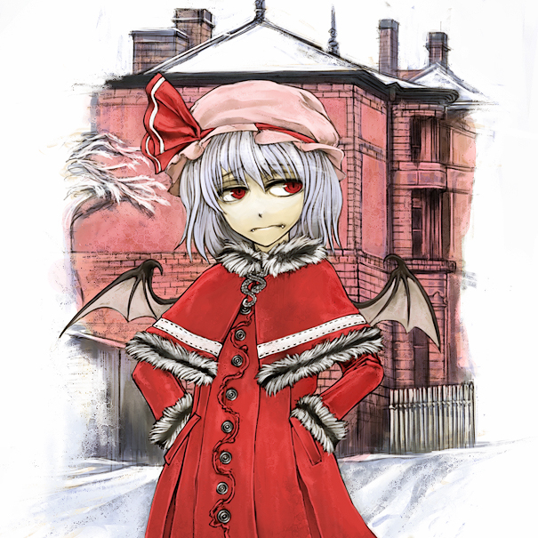 bat_wings bonnet cervus coat fangs hands_in_pockets hat jitome looking_away red_eyes remilia_scarlet scarlet_devil_mansion silver_hair snow solo touhou wings winter_clothes