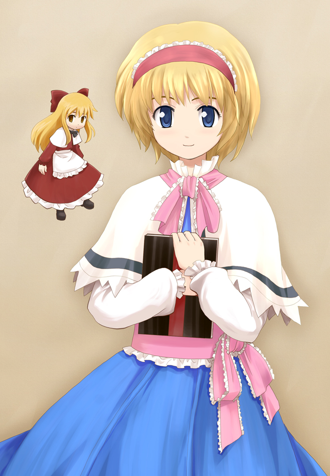 alice_margatroid blonde_hair blue_eyes book doll grimoire grimoire_of_alice hairband haniwa_(leaf_garden) hourai_doll shanghai_doll short_hair solo touhou