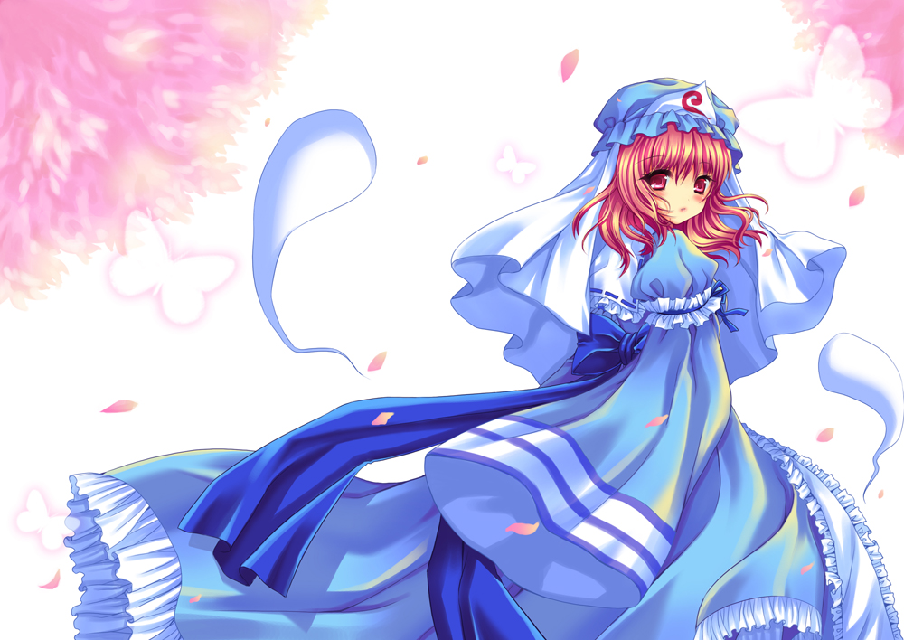 :o bad_id bad_pixiv_id bug butterfly hat hitodama insect japanese_clothes kimono looking_back petals pink_hair ratise red_eyes saigyouji_yuyuko short_hair sleeves_past_wrists solo touhou wide_sleeves