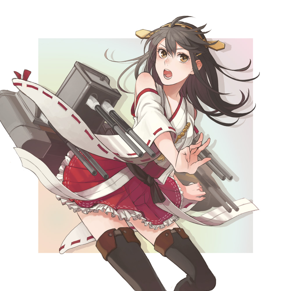 ahoge black_hair black_legwear boots brown_eyes cannon detached_sleeves haruna_(kantai_collection) headgear japanese_clothes kantai_collection long_hair mecha_musume nontraditional_miko open_mouth pleated_skirt skirt soa solo thigh_boots thighhighs wide_sleeves zettai_ryouiki