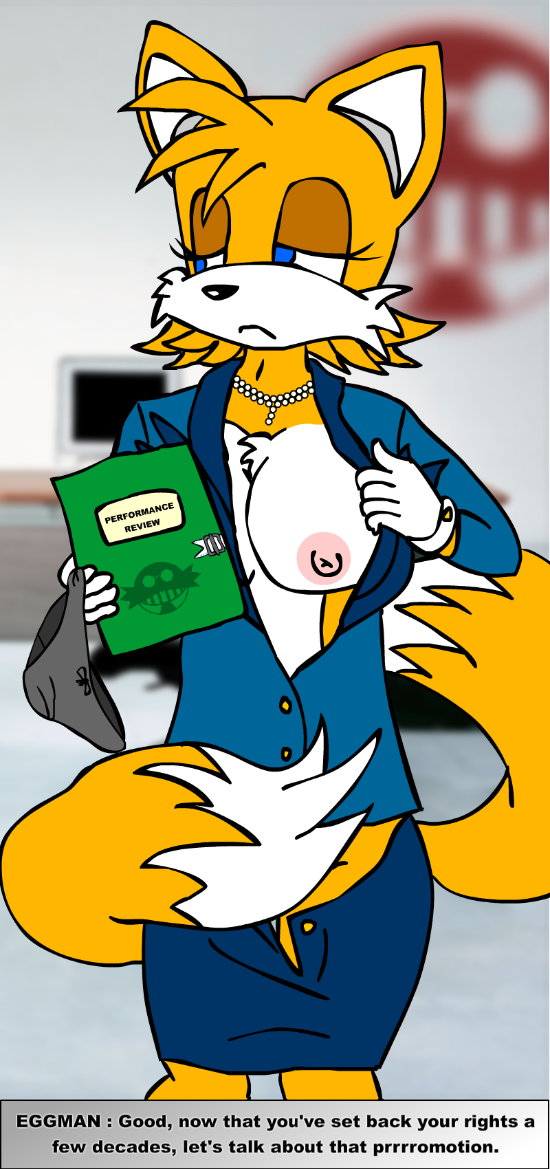 annonguy anthro blue_eyes breasts canine clothing crossgender desk dialog english_text female fox fur mammal miles_prower necklace nipples office robotnik sega skirt solo sonic_(series) tails text underwear unknown_artist video_games
