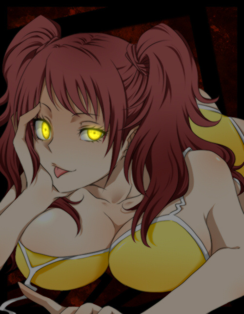 1girl arc_system_works breasts brown_hair cleavage collarbone dark_persona huge_breasts kujikawa_rise persona persona_4 shadow_(persona) shadow_rise solo swimsuit tongue tongue_out yellow_eyes