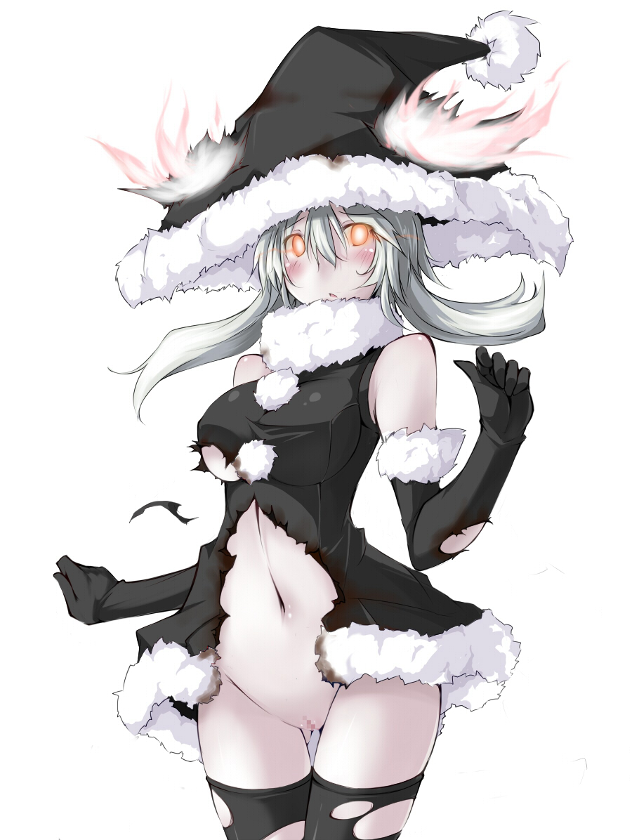 alternate_costume black_gloves black_legwear black_santa_costume blush breasts censored elbow_gloves gloves hat kaminagi_(kaminagi-tei) kantai_collection large_breasts long_hair no_panties pale_skin pussy santa_costume santa_hat shinkaisei-kan silver_hair simple_background solo thighhighs torn_clothes white_background wo-class_aircraft_carrier yellow_eyes