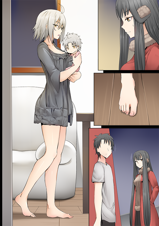 2boys 2girls ahoge barefoot black_dress black_hair carrying child dress faceless faceless_male fate/grand_order fate_(series) father_and_son fujimaru_ritsuka_(male) ginhaha jeanne_d'arc_(alter)_(fate) jeanne_d'arc_(fate)_(all) long_hair mother_and_son multiple_boys multiple_girls semiramis_(fate) short_hair silver_hair very_long_hair yellow_eyes