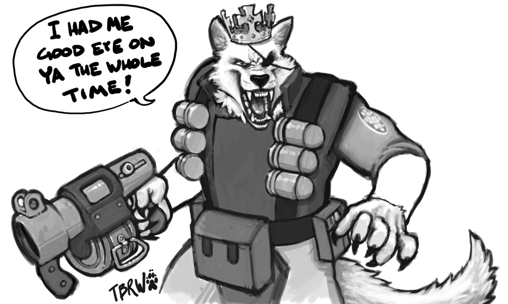 armor black_nose canine claws crown demoman_(team_fortress_2) dialog english_text eye_patch eyewear fangs grenade_launcher jewelry male mammal monochrome open_mouth plain_background solo standing team_fortress_2 text the-big-rad-wolf weapon white_background wolf yelling