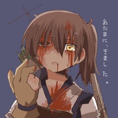 angry arrow bad_id bad_twitter_id blood blood_from_mouth blood_on_face blood_stain brown_hair injury kaga_(kantai_collection) kantai_collection lowres muneate open_mouth rebecca_(keinelove) short_hair side_ponytail solo translated yellow_eyes