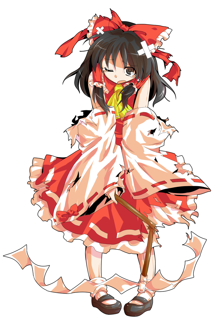 alphes_(style) ascot bandaid black_eyes black_hair bow broken broken_weapon crossed_bandaids dairi detached_sleeves dress full_body gohei hair_bow hair_tubes hakurei_reimu long_sleeves looking_at_viewer one_eye_closed open_mouth parody pigeon-toed red_dress solo style_parody tears torn_clothes torn_sleeves touhou transparent_background weapon wide_sleeves
