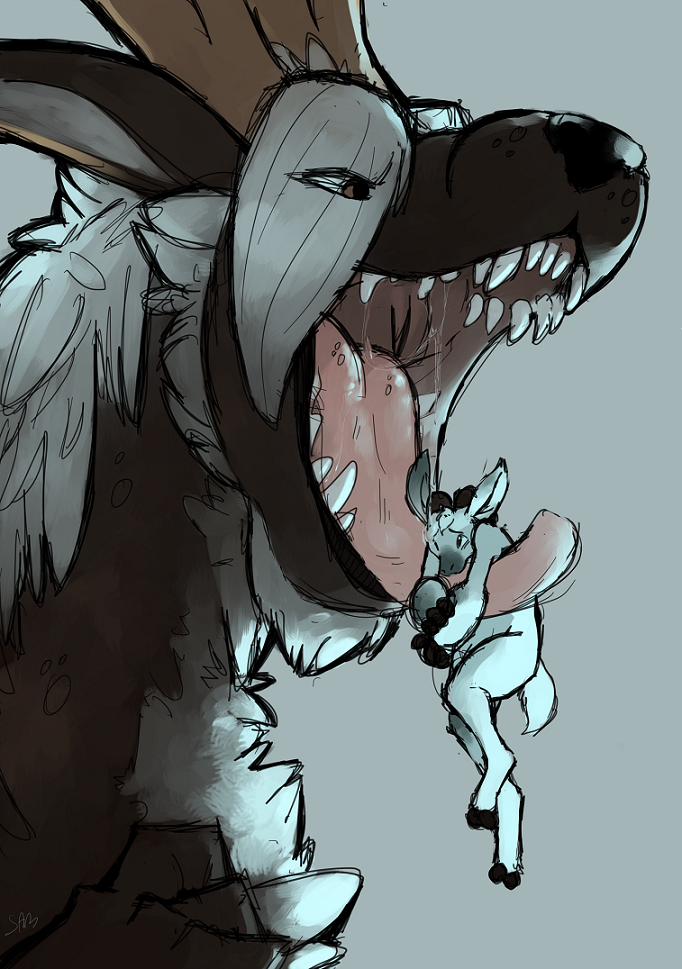 drooling eyes_half_open fangs fear goat half-closed_eyes hooves horn imminent_vore macro mammal mawshot micro plain_background saliva sammy73 teeth vorarephilia vore