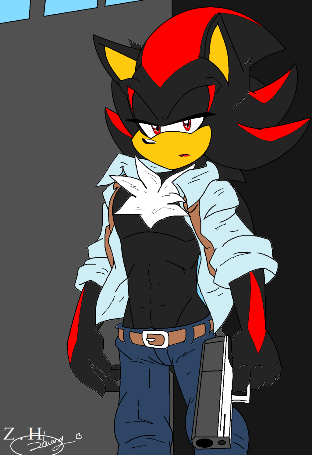 abs akatsukishiranui-fox belt black_nose chest chest_tuft clothed clothing front fur gun half-closed_eyes looking_at_viewer male muscles open_mouth open_shirt pants ranged_weapon red_eyes sega shadow shadow_the_hedgehog shirt solo sonic_(series) standing tuft weapon