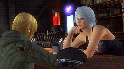 1boy 1girl animated animated_gif blonde_hair blue_eyes breasts christie christie_(doa) cleavage dead_or_alive dead_or_alive_5 eliot eliot_(doa) english large_breasts lowres milk subtitled tecmo white_hair