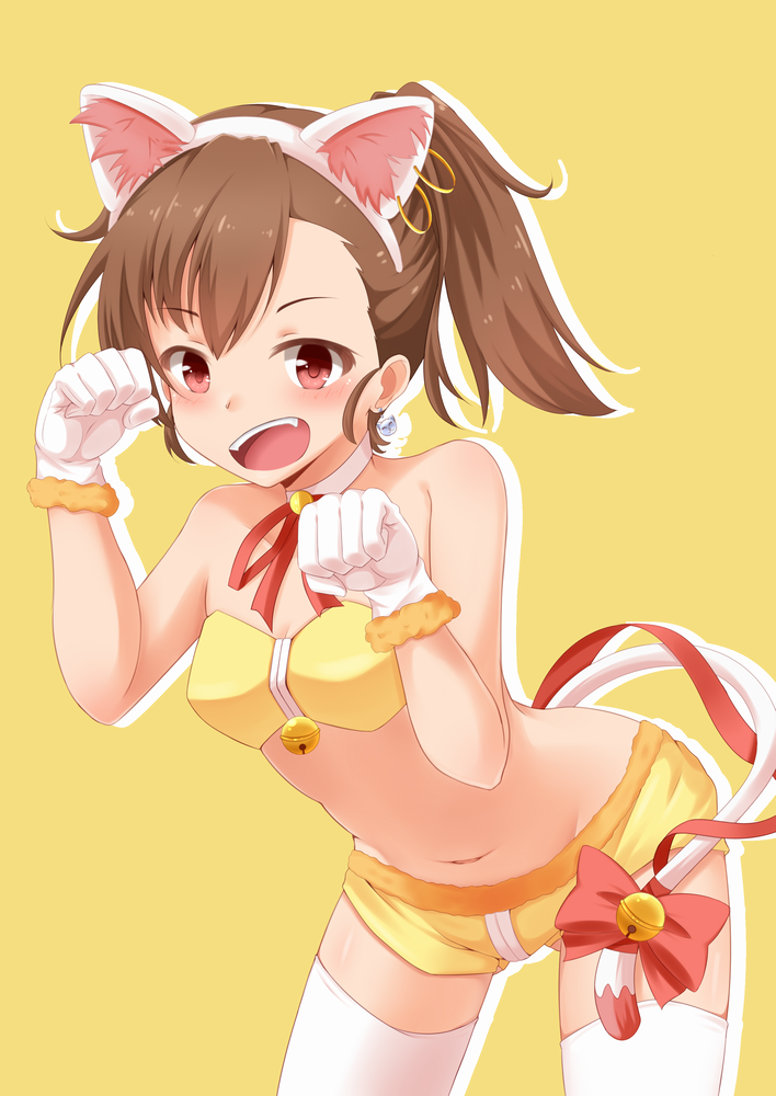 :d animal_ears bare_shoulders bell bow brown_hair cat_ears cat_tail earrings fuku_d futami_mami gloves idolmaster idolmaster_(classic) jewelry midriff navel open_mouth ponytail short_shorts shorts smile solo tail thighhighs white_gloves white_legwear