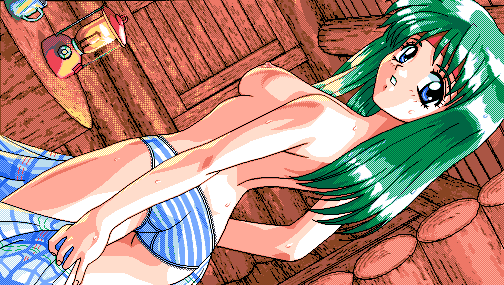 1girl 4bpp ass breasts cap game_cg green_hair hairband indoors looking_at_viewer looking_back nipples nitou_misaki oldschool only_you panties pc98 solo underwear